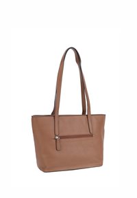Brun læder tote bag med to lange håndtag, en lynlåslomme på forsiden og en struktureret overflade. Har kontrastfarvet syning.