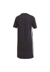 Svart kortärmad knälång klänning med vita vertikala ränder längs sidorna, sedd bakifrån mot en vit bakgrund.