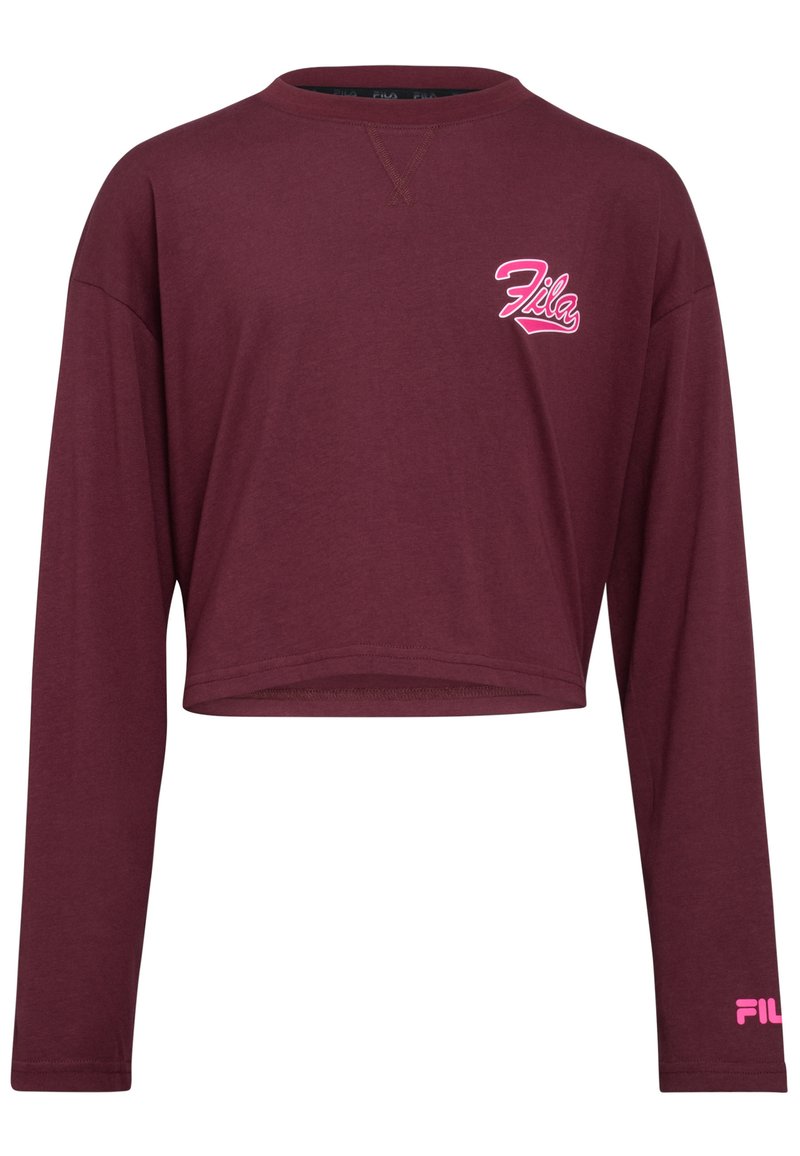 Maglione corto a maniche lunghe di colore borgogna in tessuto morbido, con il logo Fila in rosa sul petto e sulla manica. Texture liscia con scollatura rotonda.