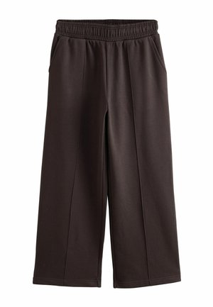 Wide-leg dark brown pants with elastic waistband and side pockets on a white background.
