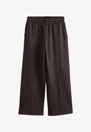 Wide-leg dark brown pants with elastic waistband and side pockets on a white background.