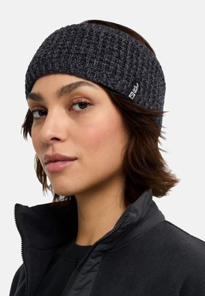 Knitted dark gray headband with a textured pattern and a logo tag. It fits snugly around the head, made of a soft, stretchy material.