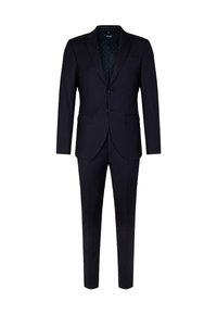 Marineblauer Zweiteiler bestehend aus einem taillierten Sakko mit zwei Knöpfen, Reverskragen und schmal geschnittenen Hosen. Texturiertes Innenfutter mit Muster.