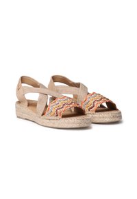 Beige espadrijler sandaler med krydsede stropper og flerfarvede vævede detaljer; jute-sål med struktureret overflade; åben tå-design.