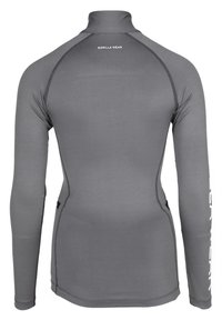 Grijze lange mouw aansluitende top met hoge kraag, voorzien van platte naden en een logo op de achterkant, gemaakt van een gladde, rekbare stof.