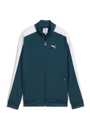 Mørk teal sportstrøje med lynlås, hvide skulderstriber, ribbet krave og manchetter, Puma-logo på brystet, to forreste lynlåslommer, lagt fladt.