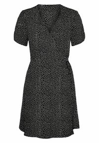 Schwarzes Kleid mit kurzen Ärmeln, wickelndem Design und weißen Punkten. Leichter Stoff mit einem ausgestellten Saum.
