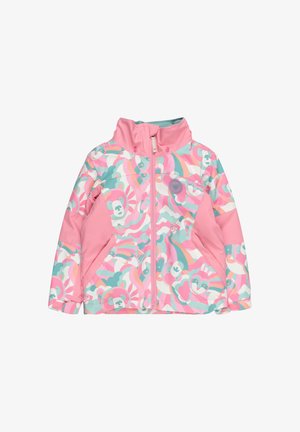 Rosa Kinderjacke mit buntem Bären- und Wellenmuster, hohe Kragen, Reißverschluss vorne und kontrastierenden Ärmeln.