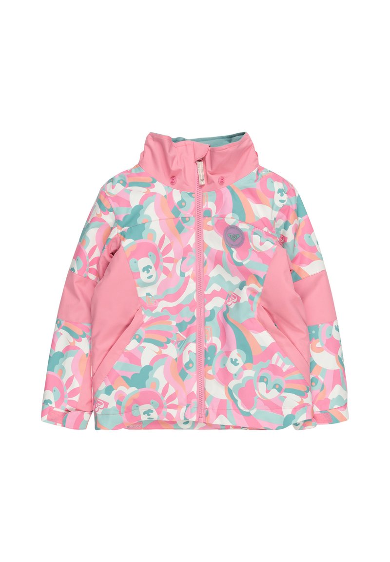 Rosa Kinderjacke mit buntem Bären- und Wellenmuster, hohe Kragen, Reißverschluss vorne und kontrastierenden Ärmeln.