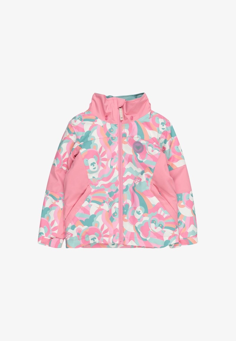 Rosa Kinderjacke mit buntem Bären- und Wellenmuster, hohe Kragen, Reißverschluss vorne und kontrastierenden Ärmeln.