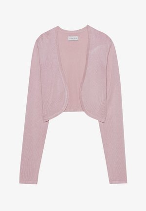 Vaaleanpunainen lyhyt neuletakki, jossa on pitkät hihat ja avoin etuosa. Pehmeä, teksturoitu neulekangas sileällä pinnalla ja pyöristetyillä reunoilla.