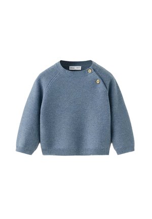 Pull bébé en maille bleu doux avec manches longues et deux boutons en bois près de l'encolure ronde sur l'épaule gauche.
