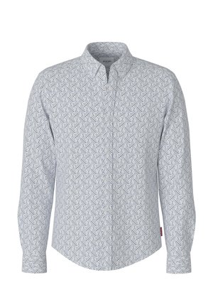Weißes Langarmhemd mit kleinem blauem abstraktem Punktmuster, spitzem Kragen und verdeckter Knopfleiste.