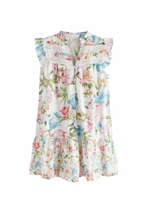 Rochie florală din material alb cu flori roz și albastre. Prezintă mâneci volănaș și accente de dantelă, cu un ghiozdan cu nasturi și fustă în straturi.