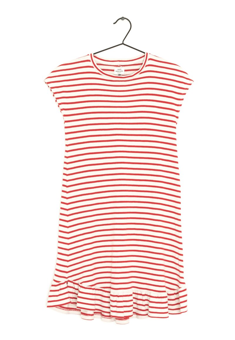 Robe rayée avec des bandes rouges et blanches alternées, manches courtes, encolure ronde et un ourlet volanté. Fabriquée en coton léger.