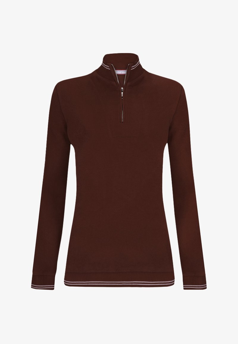 Brauner Pullover mit langen Ärmeln und Reißverschluss am Stehkragen. Verfügt über eine glatte Strickstruktur und weiße Akzentstreifen am Kragen und an den Bündchen.