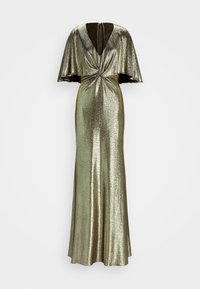 Metalická zlatá večerní toaleta s hlubokým výstřihem, rukávy ve stylu kápě a převráceným předním detailem; hladká textura s přiléhavým střihem.