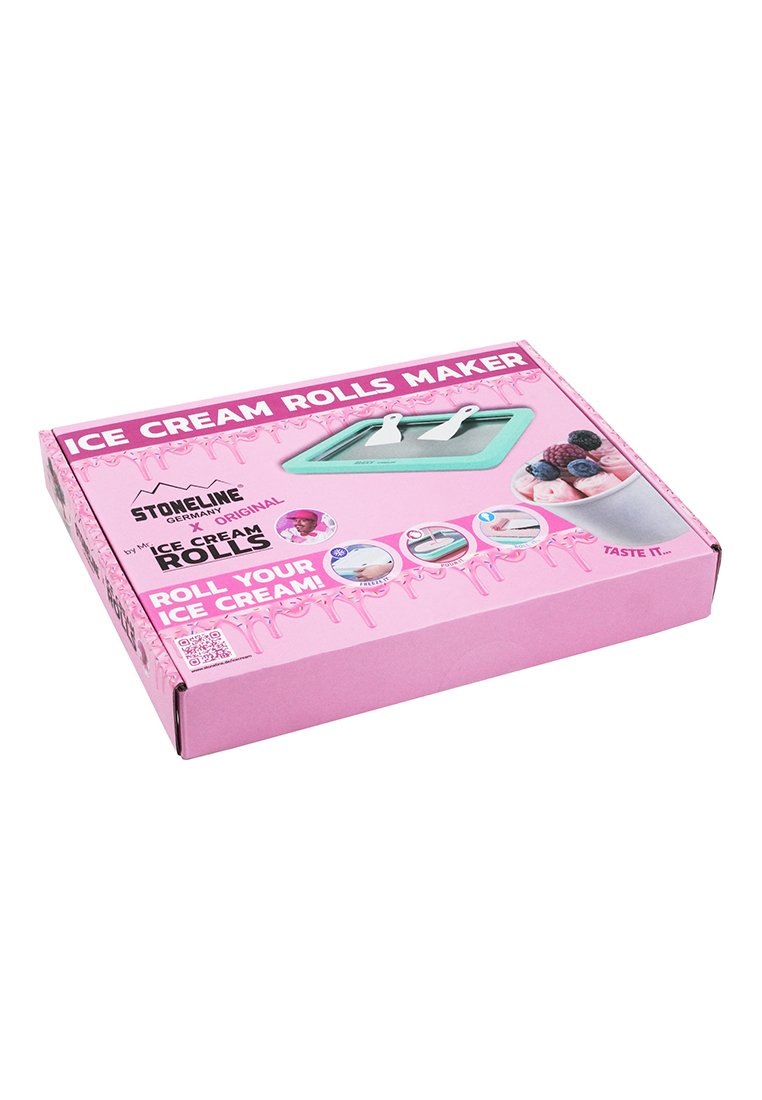 Rosa Box für einen Eisrollen-Maker, mit einem türkisfarbenen Tablett und zwei weißen Spateln. Branding umfasst "STONELINE GERMANY ORIGINAL."