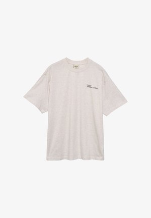 Hellgrau Baumwoll-T-Shirt mit lockerer Passform, rundem Halsausschnitt und kurzen Ärmeln. Mit kleinem schwarzen Logotext auf der Brust.