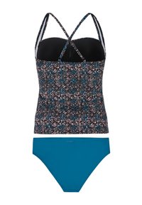 Tankini set featuring a patterned black top with blue and pink accents, adjustable crossover straps, and a solid teal bikini bottom.