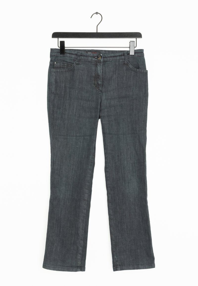 Jean gris foncé à jambe droite avec poches avant et fermeture à boutons, suspendu sur un cintre noir sur fond blanc.