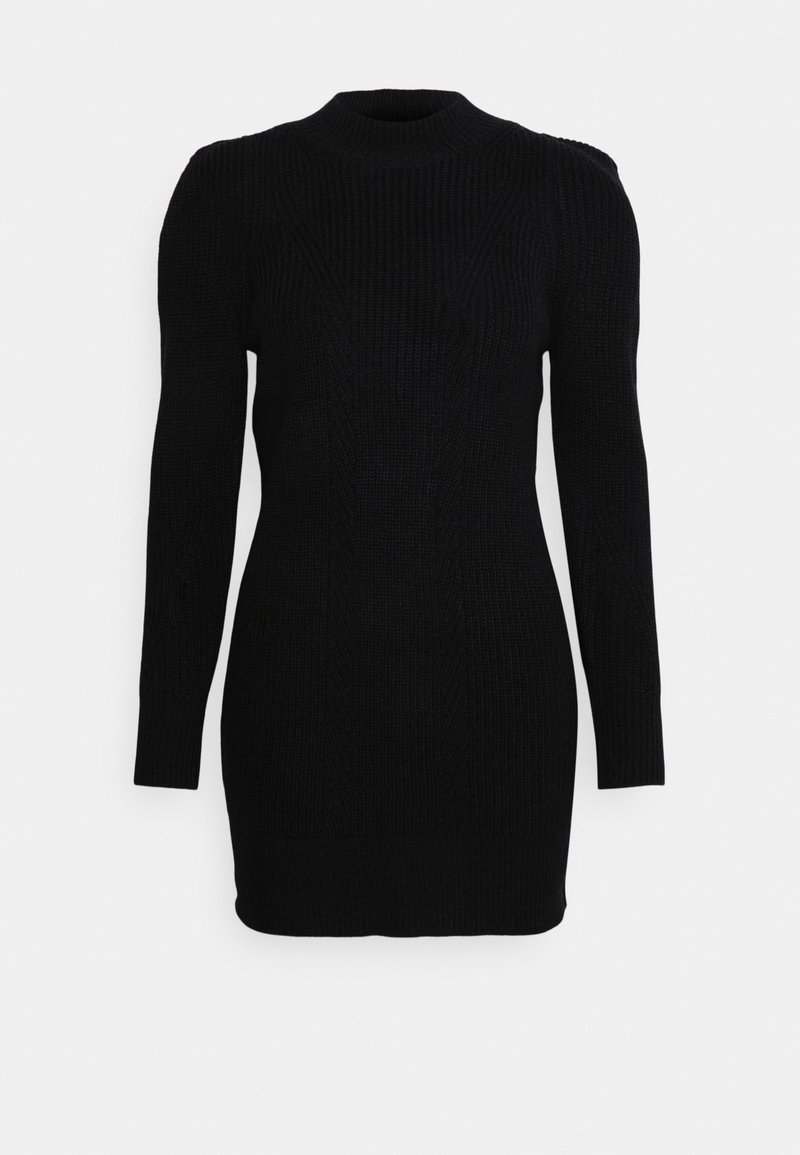 Vestido de malha preto com gola alta, mangas compridas e padrão texturizado. Ajuste justo com detalhes em canelado nas mangas e na barra.