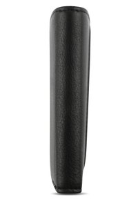 Black leather wallet with a textured surface, slim design, and rounded edges, featuring no visible hardware or embellishments.