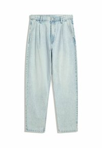 Lichtblauwe denim jeans met een losse pasvorm, featuring een hoge taille, plooien en een rechte pijpdesign. Gladde textuur, minimale slijtage.