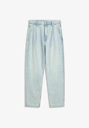 Light blue denim jeans with a loose fit, featuring a high waist, pleats, and a straight leg design. Smooth texture, minimal distressing.