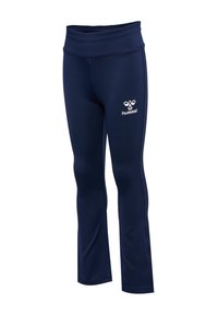 Navy blue athletic leggings with high waistband and white hummel logo on upper thigh, designed for sports or casual wear.