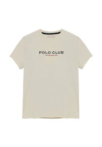 Cremefarvet bomulds t-shirt med korte ærmer, der har et sort og rødt trykt logo "POLO CLUB ESTABLISHED 2012" foran.
