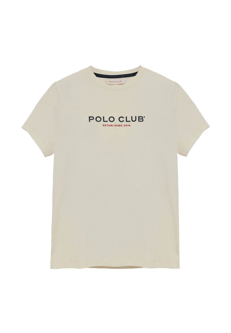 Cremefarvet bomulds t-shirt med korte ærmer, der har et sort og rødt trykt logo "POLO CLUB ESTABLISHED 2012" foran.
