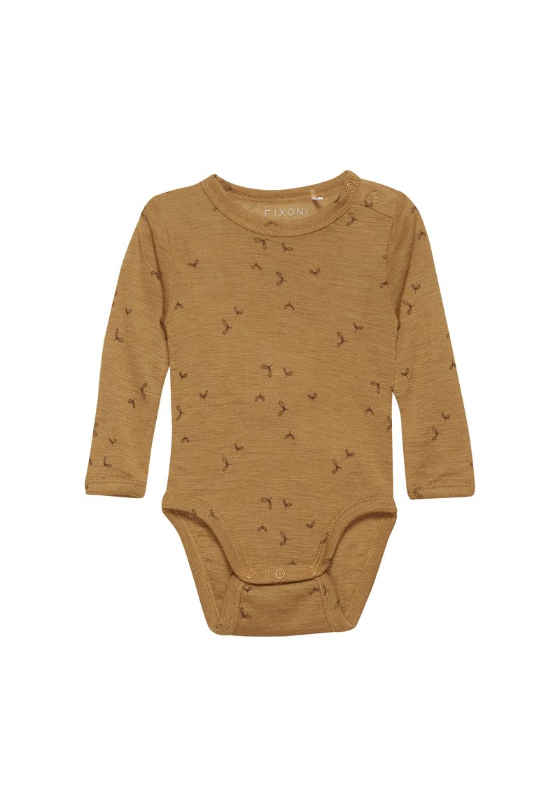 Långärmad babybody i senapsgul, med ett texturerat tyg som har ett litet brunt lövmönster och tryckknappar vid axlarna och i botten.