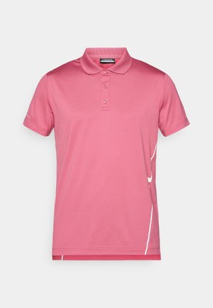 Camisa polo rosa feita de um tecido suave, com uma pala de três botões e mangas curtas. Notáveis detalhes brancos ao longo do lado.