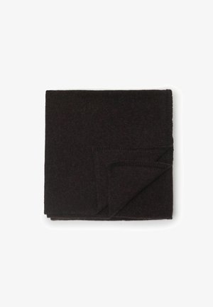 Mörkbrun vävd filt, rektangulär form, mjukt material, avmaskade kanter, vikt med ett synligt hörn som visar tygskikten.