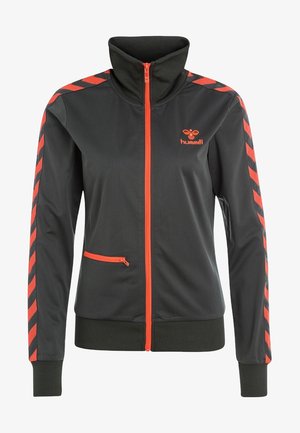 Harmaa vetoketjulla varustettu takki, jossa on korkea kaulus, punaisia yksityiskohtia ja viistoja raitoja hihoissa. Valmistettu sileästä, kevyestä kankaasta. Vetoketjullinen tasku mukana.