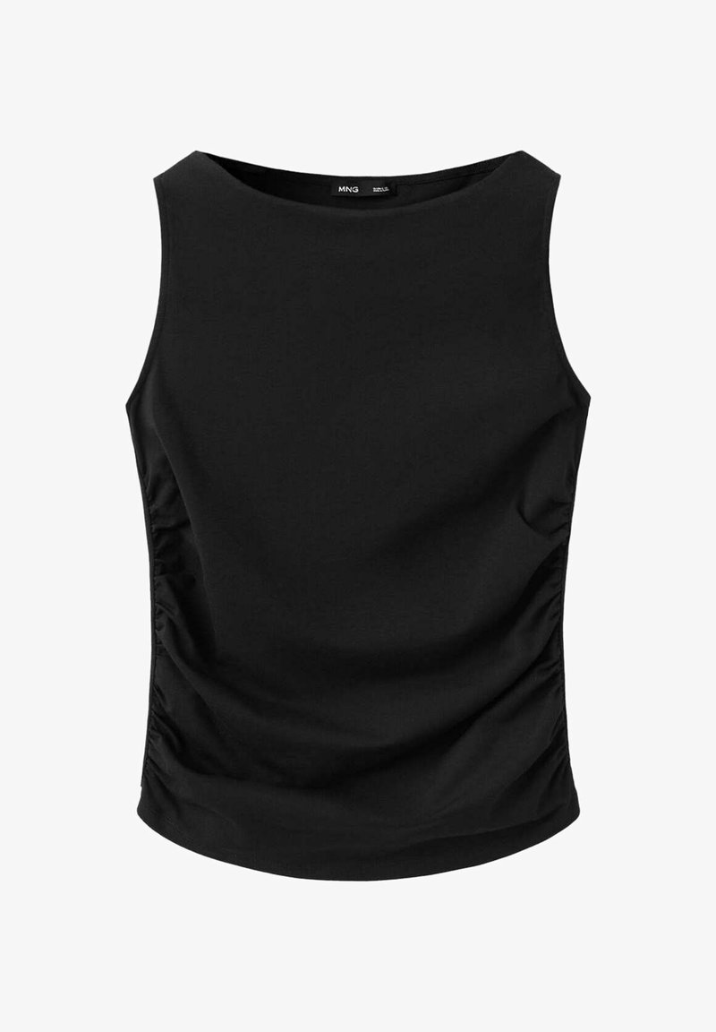 Haut noir sans manches avec encolure ronde et côtés froncés, en tissu lisse, posé à plat sur fond blanc.
