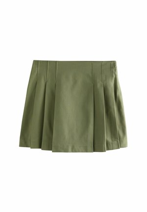 Gonna plissè verde oliva, realizzata in tessuto testurizzato, con forma a A e una vita senza chiusure visibili.