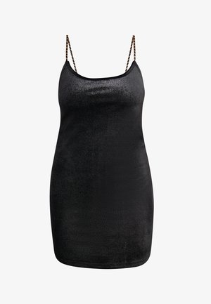 Vestido mini negro sin mangas con textura brillante, que presenta tirantes finos con un diseño de estampado de leopardo. Silueta simple y ajustada.