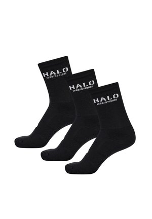 Zwarte katoenen sokken met een geribbelde textuur. "HALO" en cijfers zijn in het wit op de boord gedrukt. Set van drie paar.