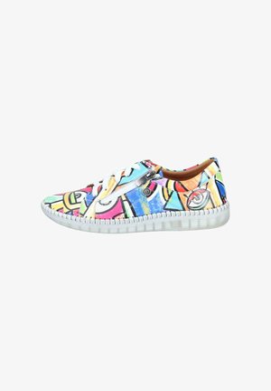 Low-top sneaker with white laces, side zipper, and colorful abstract geometric pattern on the upper and white sole.