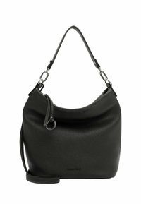 Borsa a tracolla in pelle nera con texture, con accessori in argento, chiusura con cerniera e tracolla rimovibile con logo "SURI FREY" impresso.