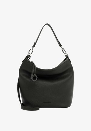 Borsa a tracolla in pelle nera con texture, con accessori in argento, chiusura con cerniera e tracolla rimovibile con logo "SURI FREY" impresso.