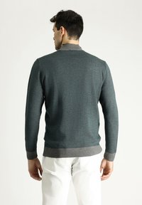 Maglione da uomo in teal scuro con un motivo testurizzato, colletto a coste, polsini e orlo in un colore grigio a contrasto. Design slim fit senza decorazioni.