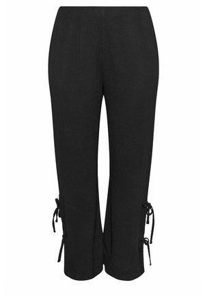 Schwarze Hosen mit weitem Bein, hoher Taille und gebundenen Schleifendetails an den unteren Außenseiten beider Beine.
