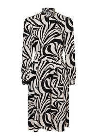 Langärmliges Kleid mit hohem, gerafftem Stehkragen, schwarz-weißem abstraktem Wirbelmuster und elastischen Bündchen sowie taillierter Passform.
