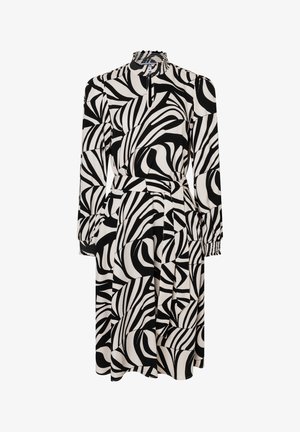 Long-sleeve dress featuring a high smocked collar, black and white abstract swirl pattern, and elasticized cuffs with a fitted waist.