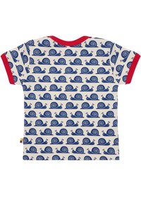 T-shirt a maniche corte in cotone crema, con un motivo di lumache blu e rifiniture rosse sul collo e sulle maniche.