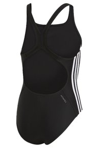 Schwarzer Badeanzug mit hohem Rücken, dünnen Trägern und drei weißen Streifen an der Seite. Hergestellt aus dehnbarem, strapazierfähigem Material.