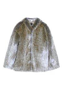 Cappotto in pelo sintetico nelle tonalità di grigio e marrone; texture morbida, design con cappuccio e maniche lunghe. Presenta un'apertura frontale senza chiusure.